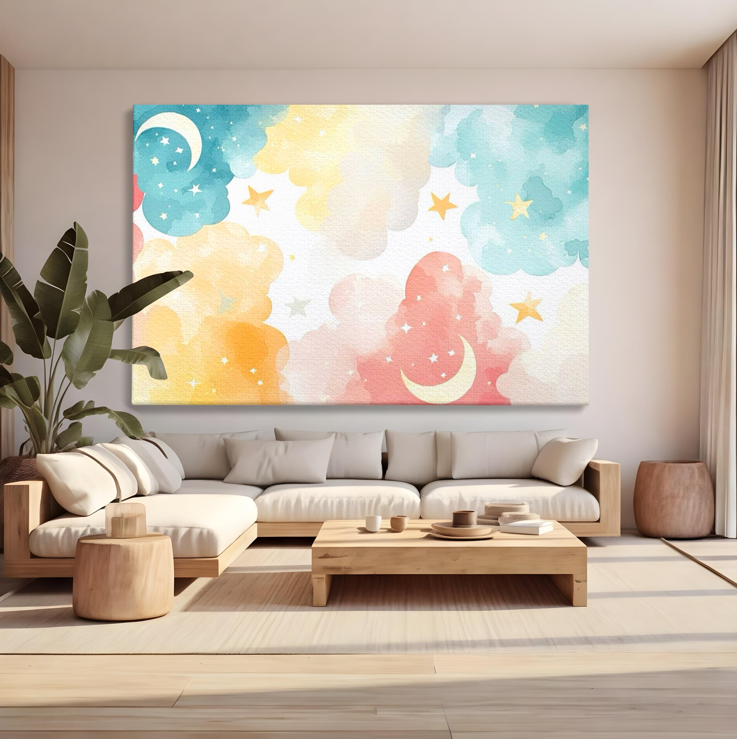 Tablou canvas cu ilustratie canvas cu nori si semiluni, fara rama, pe sasiu de lemn, pe perete intr-un living